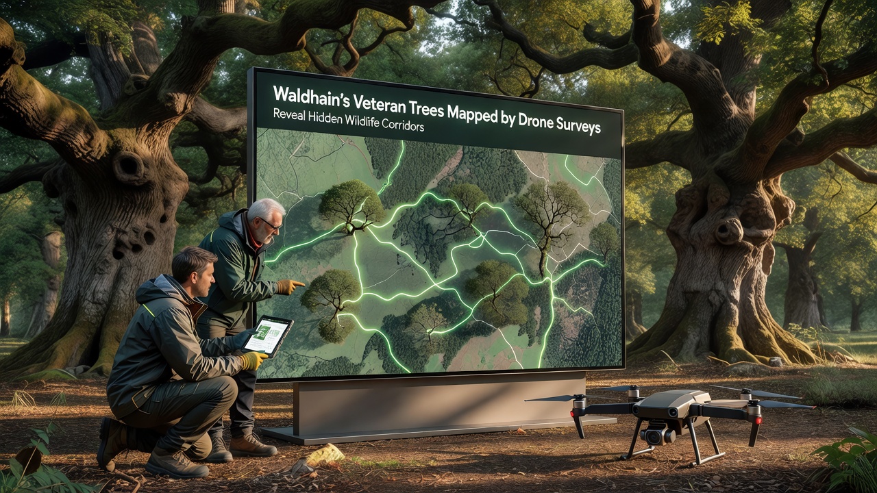 Processed drone map highlighting connected veteran tree corridors across Waldhain landscape